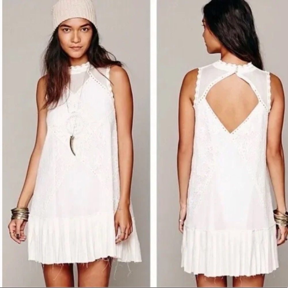 Free People Angel Lace Mini Sleeveless Open Back Dress In Ivory Size S